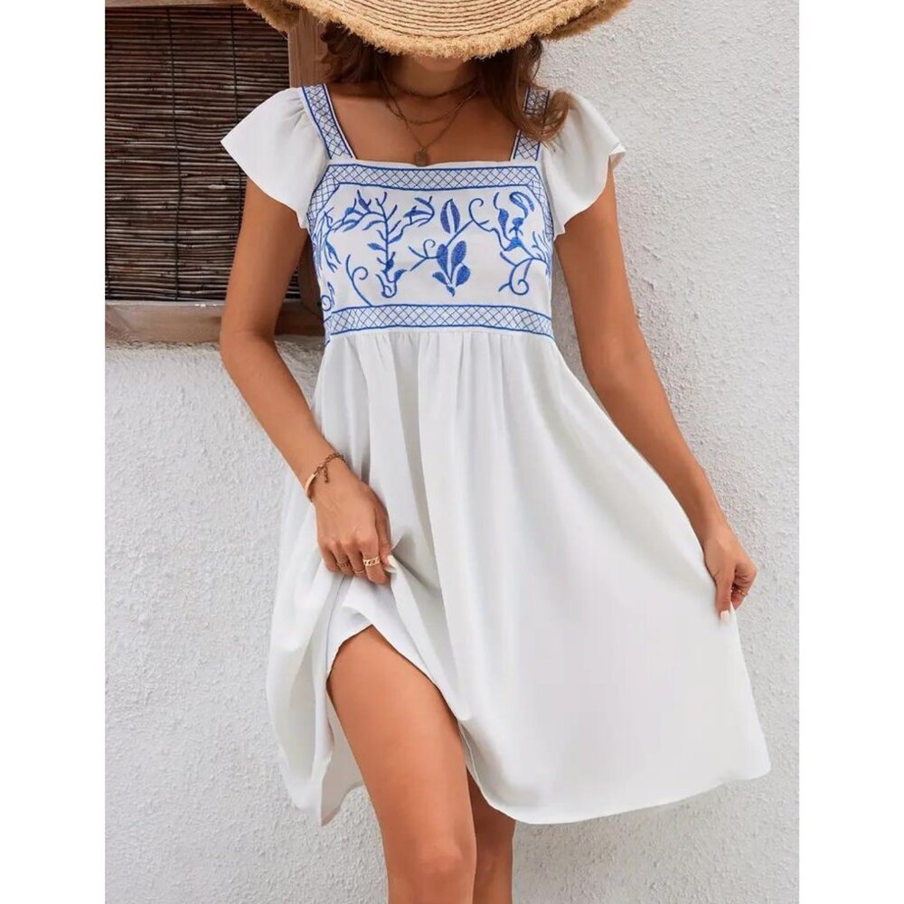 Square Neck Embroidered Dress with Ruffle Sleeves - Picture 1 of 9
